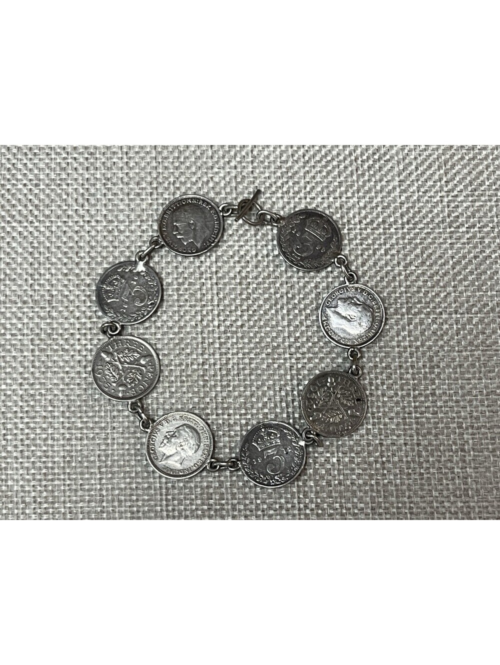 King George V Silver Coin Bracelet 1880s-1930s 3 Pence Charm Bracelet 8”inch
